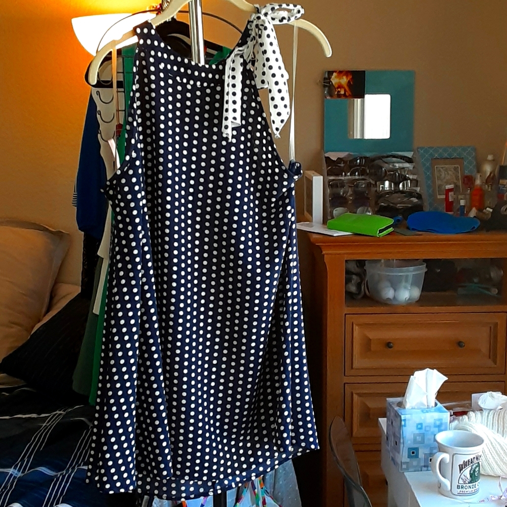 A navy blue polka dot tunic Sz L by  cha cha vente